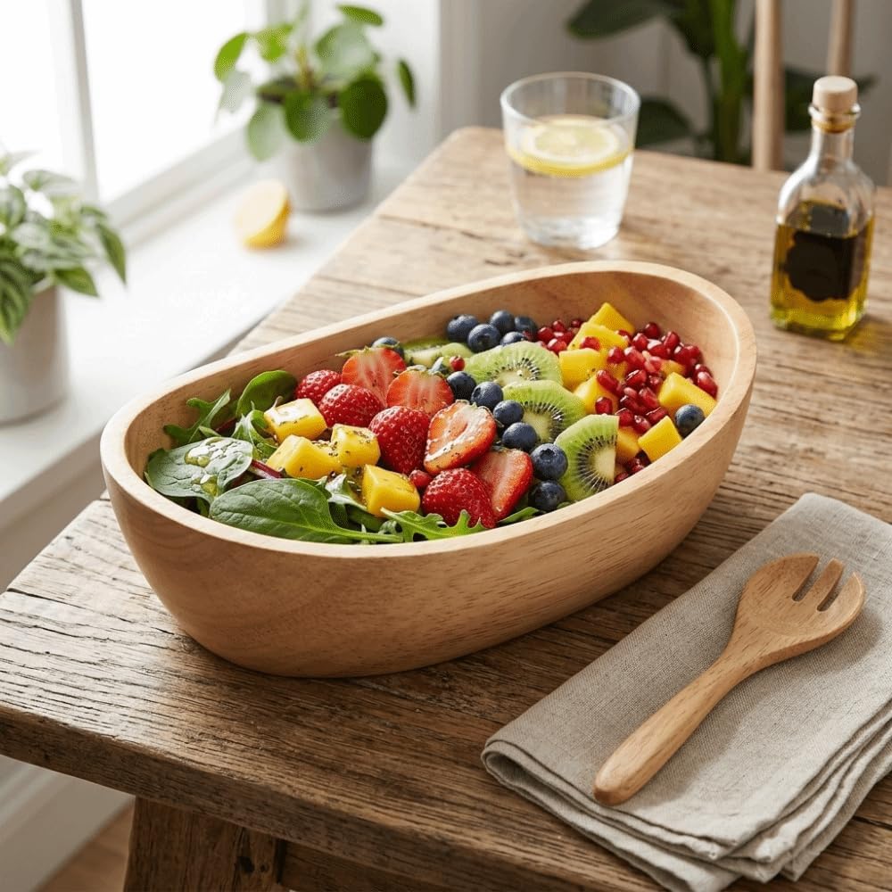 Rubber Wood Boat Shaped Salad Bowl, Original Wood Portable Multi Usage Serving Bowl for Fruit, Snacks, Desserts, Home Restaurant(5.9in)