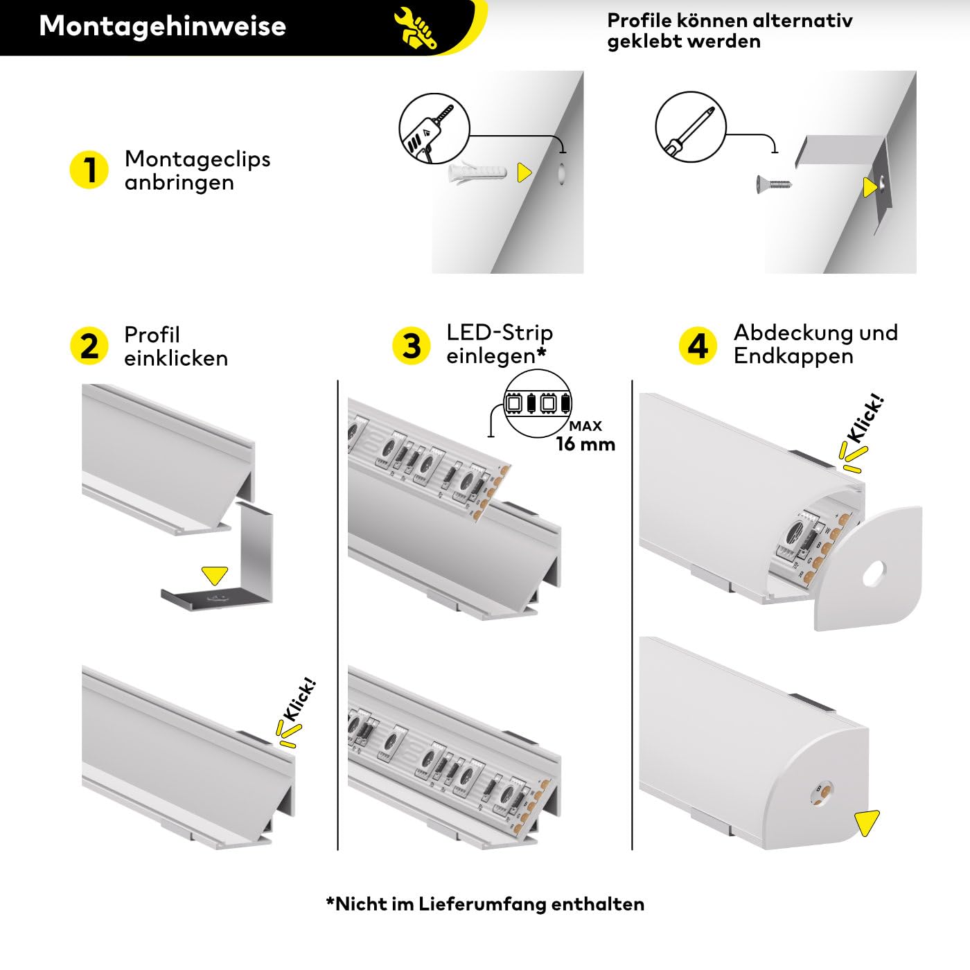 LED Aluminiumprofil - Eckprofil weiß | 200 cm | Opale Abdeckung + Zubehör | für bis zu 16 mm LED-Streifen | 2m | Fulda