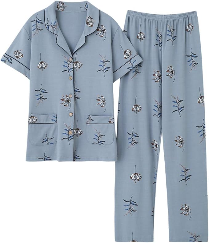 Damen Pyjama Set Baumwolle - Kurzarm Top & Capri Hose Nachtwäsche