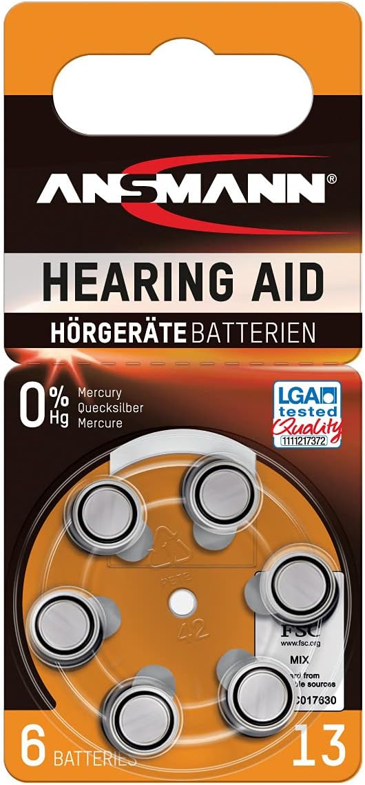 Ansmann Hearing Aid Batteries [Pack of 6 Cells] Size 13 Orange Zinc Air Hearing-Aid Suitable for Hearing Aids, Sound Amplifier - 1.45V Mercury Free