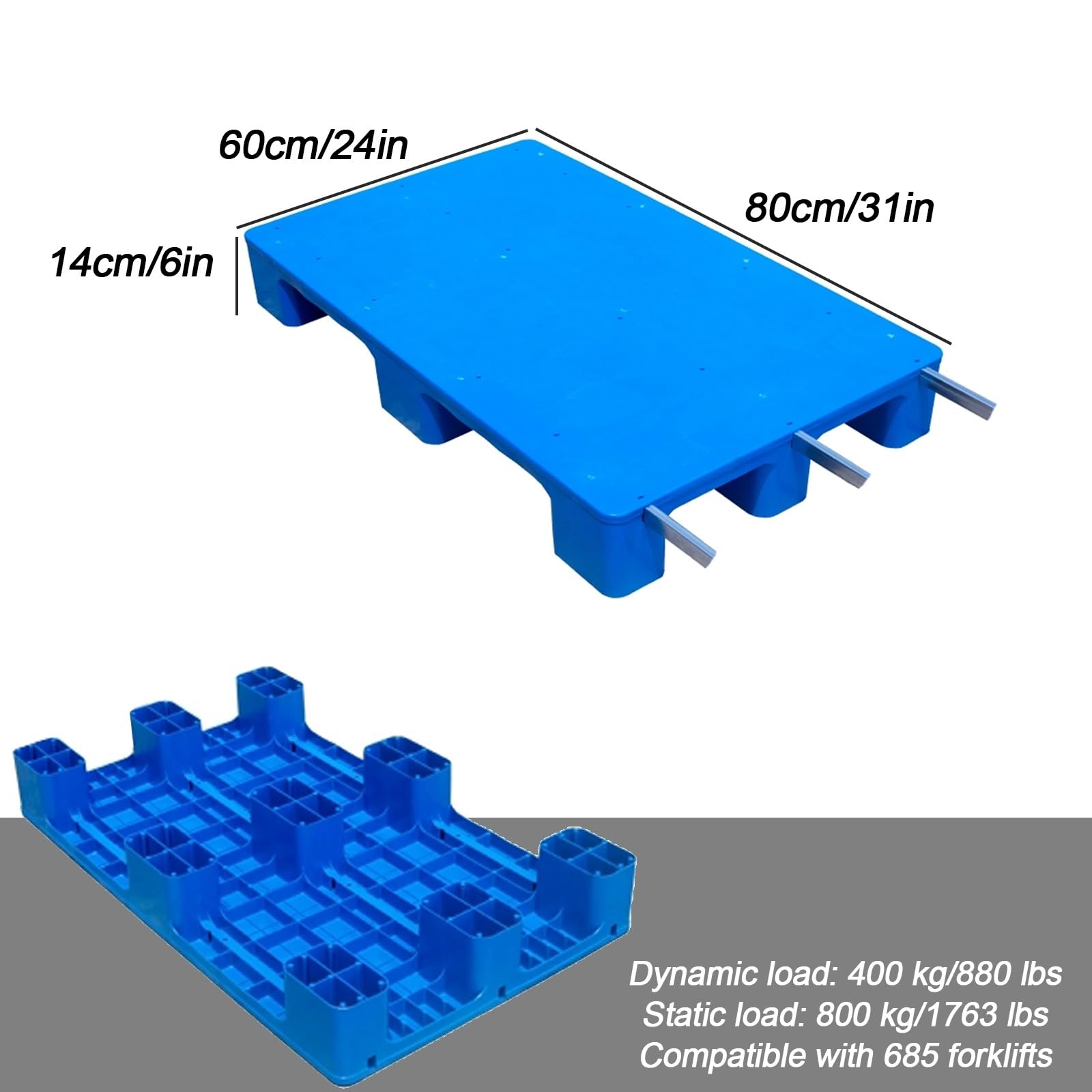 Pallet in plastica HDPE per impieghi gravosi con tubo interno in acciaio 799,7 kg, carico statico 399,2 kg, carico dinamico, ideale per magazzini e cantine, compatibile con carrelli elevatori (modelli