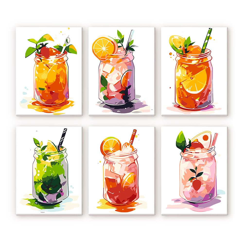 Tropical Cocktails Multi-Kit Ready Framed Paint by Numbers Mini Set para adultos, nivel fácil, diseño de cócteles coloridos, 6 lienzos de lino, 36 colores