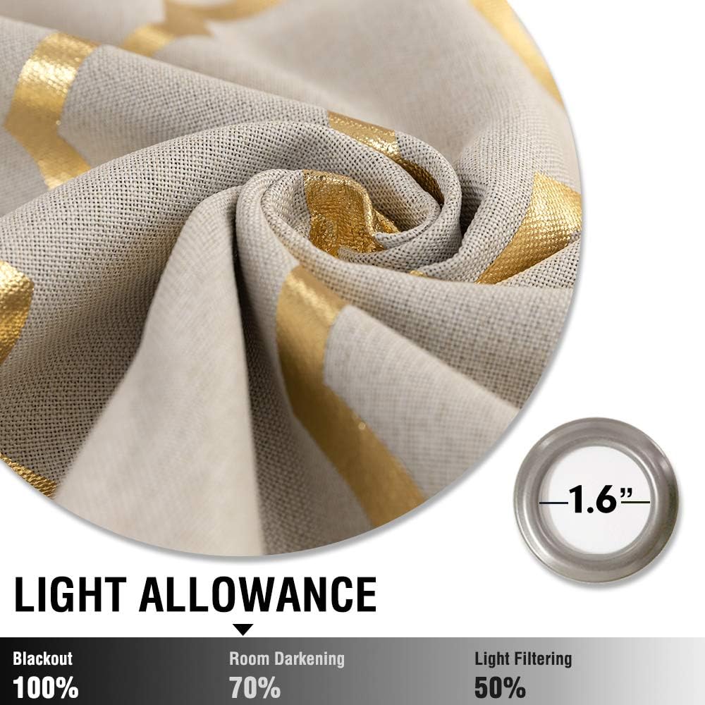 jinchan Linen Textured Curtains for Living Room Darkening Drapes Foil Moroccan Tile Print Curtains for Bedroom Window Treatment Set 72 inch Long One Panel Gold