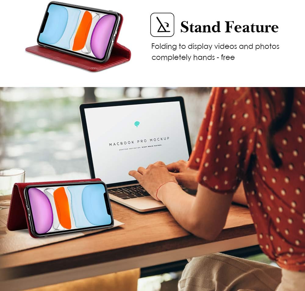 ProCase iPhone 11 Genuine Leather Case, Vintage Folio Flip Case with Card Holders Kickstand Leather Wallet Case for iPhone 11 2019 –Red