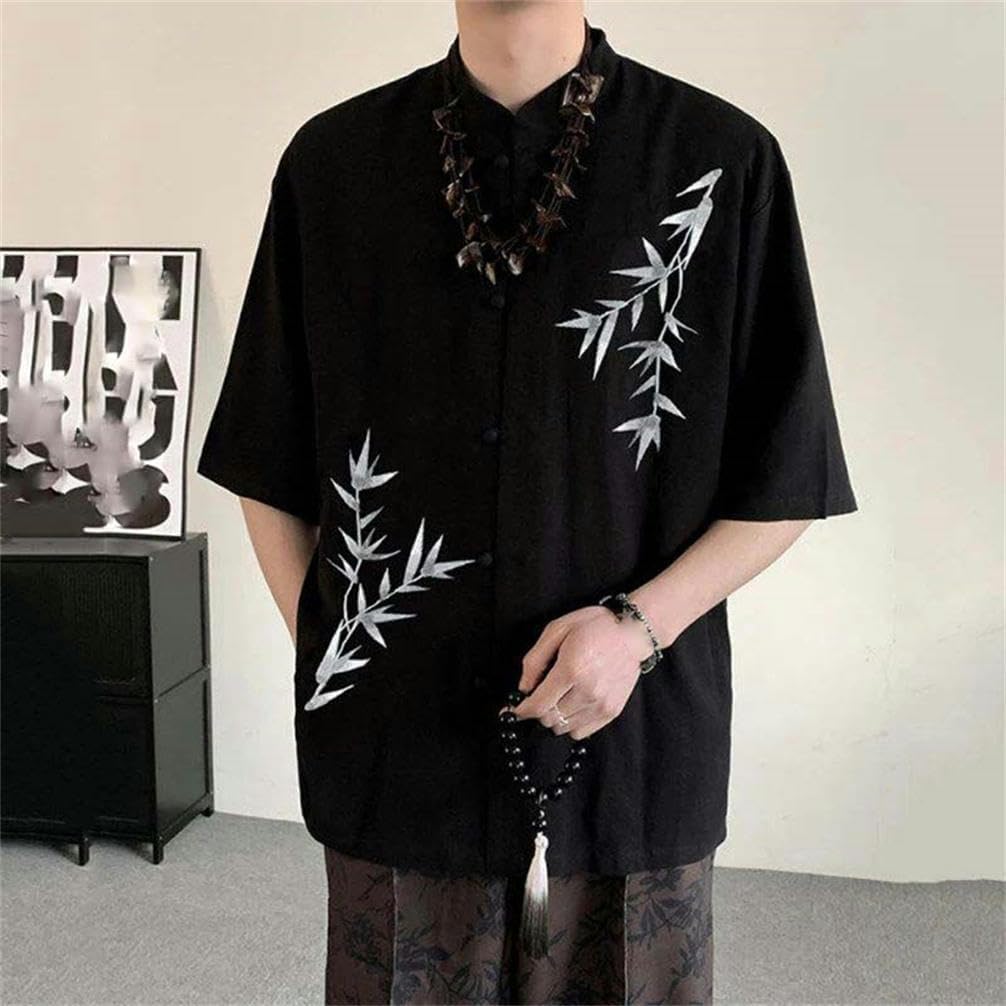 Chinese Style Men's Shirt Lapel Embroidery Lightweight Chinese Retro Elements Short Sleeve Men Summer Casual