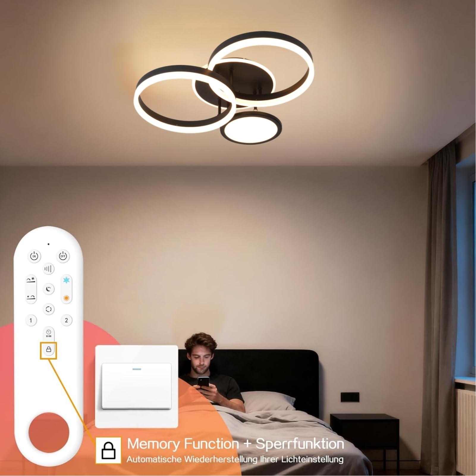 LED Deckenlampe Wohnzimmer 45W Dimmbar Deckenleuchte Schlafzimmer | 54CM 3771LM Moderne Fernbedienung Dimmbar Nachtlicht Memory-Funktion für Esszimmer Küche Schwarz 4-Ringe Design 3000-6500K