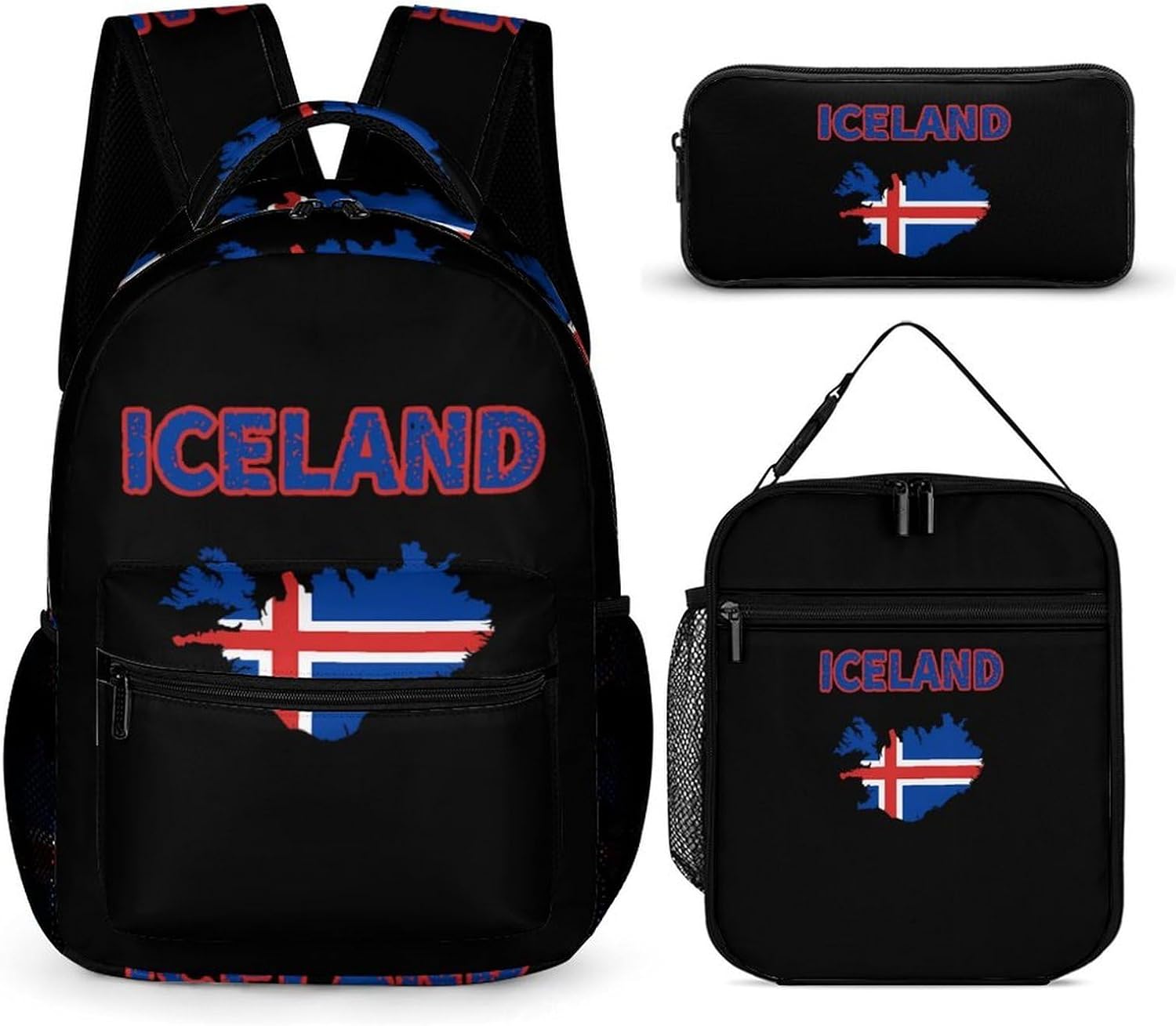 Iceland Flag Funny Backpack 3 Piece Set Daypack with Lunch Bag And Pencil Case for Outside Activities Travel