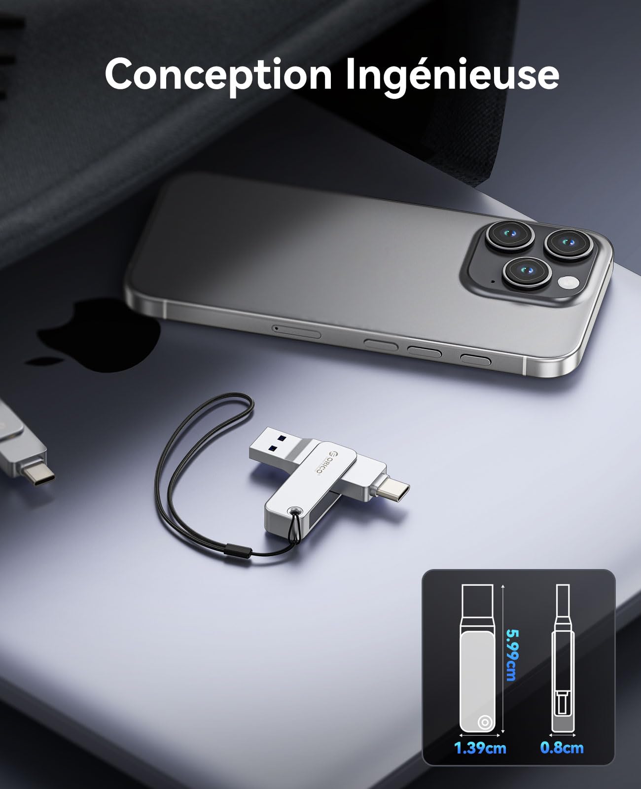 ORICO Clé USB 128 Go (Type C & USB-A), USB 3.2 Gen 1, Mini Pendrive Portable, Vitesse Lecture 150 Mo/s – pour iPhone 15/16/17, Android, Tablettes, Mac, Windows, Plug and Play -EB05
