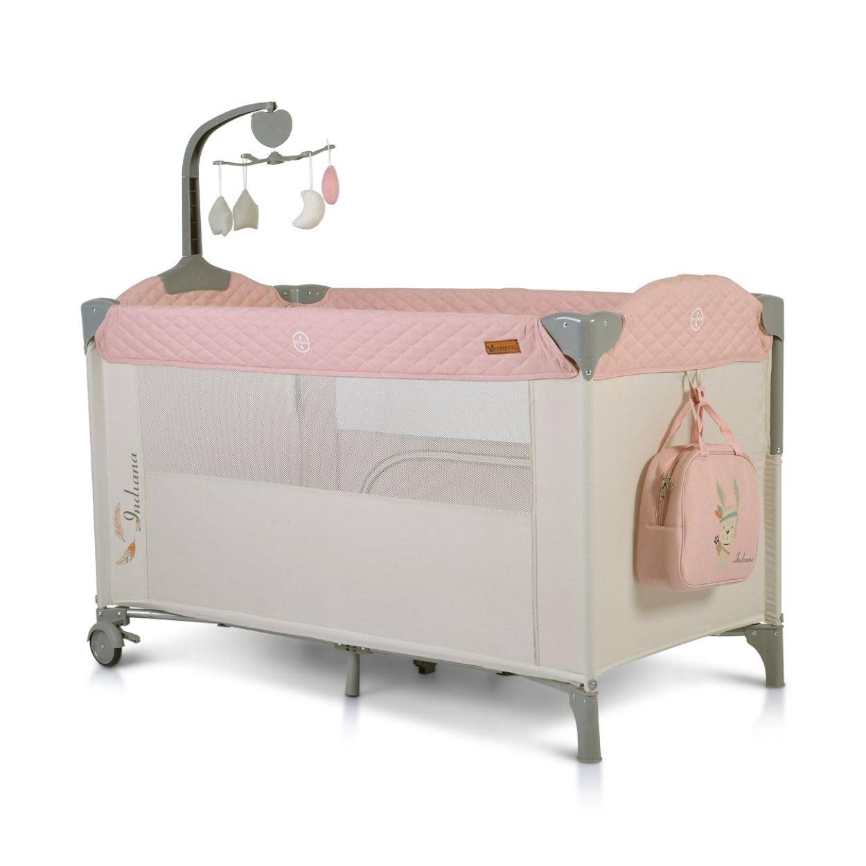Cangaroo Indiana Camping Kinderbett, mit Musikmobil mit 4 Kuscheltieren, Organizer und eine Tragetasche, Rosa