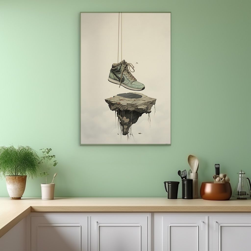 Canvas for Living room. Gravity-Defying Dreams: Surreal Green Sneakers Tethered to Floating Rocks in a Whimsical Sky, 27 x 18 inch Canvas Wall Art - Inspirational Office Decor - 69x46 cm (27x18 inch)