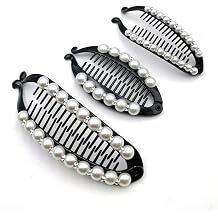 3Pcs Faux Pearl Rhinestone French Banana Clips Ponytail Vertical Clip Hair Clincher Hair Comb Fishtail Clip Grips Clamp Headwear Styling Hair Accessories for Women, Black