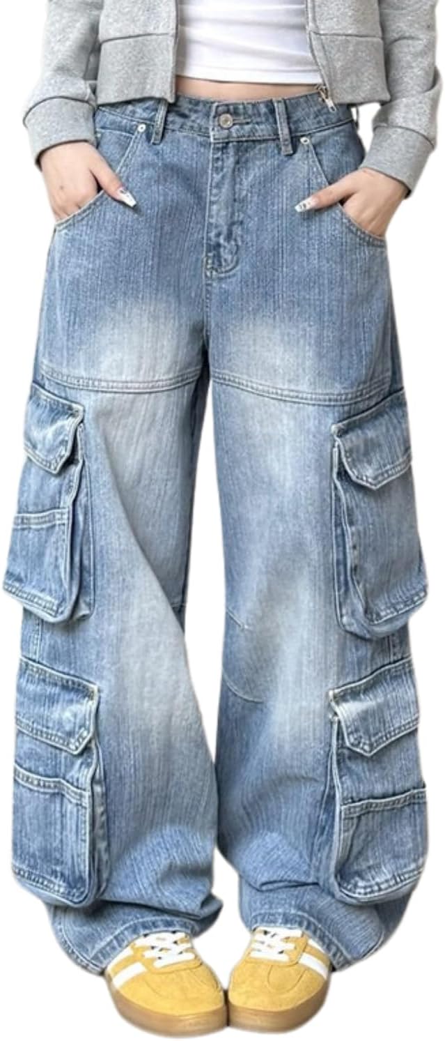 Baggy Cargo Pants for Women Girls Wide Leg Jeans Y2k Hip Hop Streetwear Low Rise Oversized Jeans Grunge Clothes Blue
