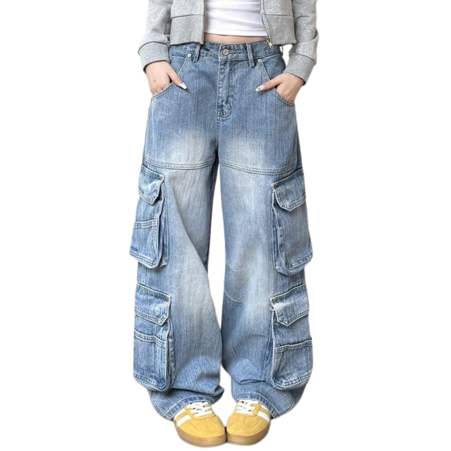 Hugboom Baggy Cargo Pants for Women Girls Wide Leg Jeans Y2k Hip Hop Streetwear Low Rise Oversized Jeans Grunge Clothes Blue