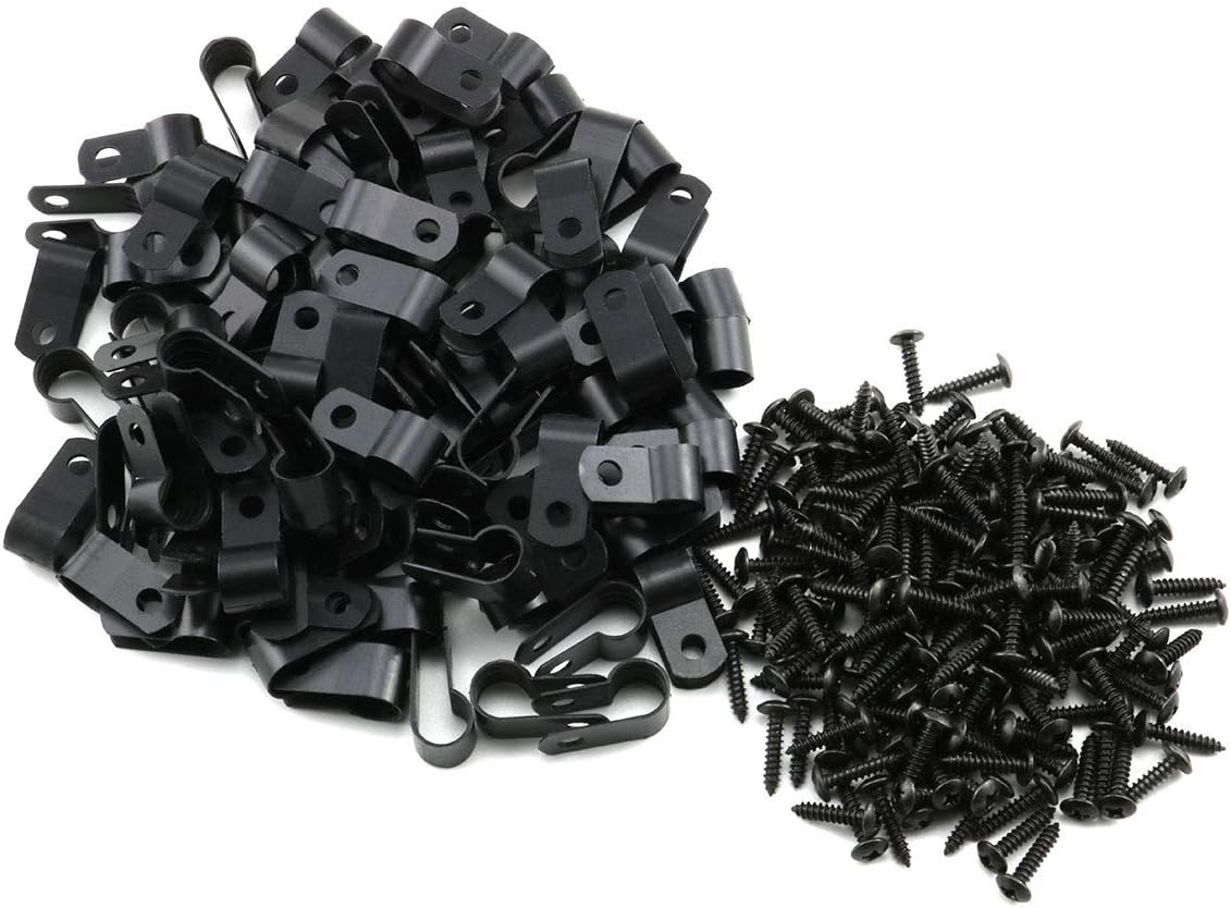heyous 100pcs 1/2 inch (13.2mm) R-Type Cable Clamp Nylon Wire Hose Tube Fastener Fixed Cable Tie Mount Organizer Holder R Type Cable Clip with Mounting Screw Black