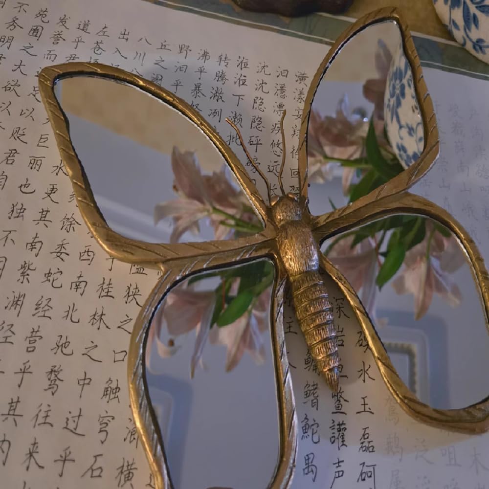 Set of 1 Decorative Resin Wall Mirror with Delicate Butterfly and Dragonfly Pattern in a Gold Frame, an Ideal Gift for Insect Lovers (1, Butterfly)