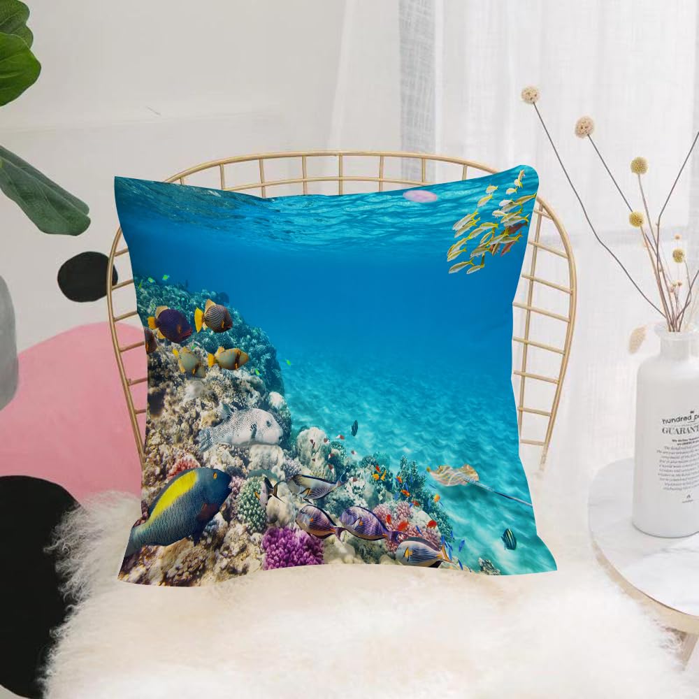HYOSXW Cushion Cover,Throw Pillow Case Home Decorative for Living Room Bedroom Sofa Chair 16X16 Inch,Ocean, Underwater Sea Life Sea Life Animal Corals Tropical Fish and Stingray,Pillowcase 40X40cm