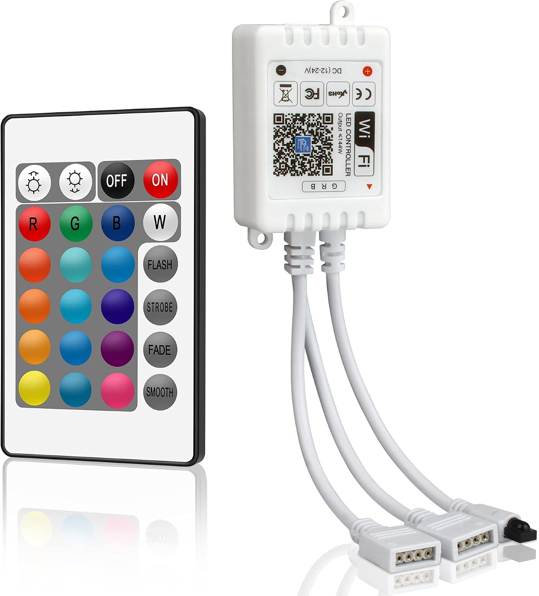 Controlador remoto de tira de luz LED RGB WiFi inteligente, control inalámbrico de 24 teclas | Controlador LED, salida DC 12V-24V 4 pines Compatible con Alexa/Google Assistant/IFTTT, para tira de luz LED SMD 5050 3528 5630