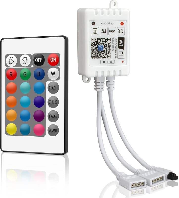 Controlador remoto de tira de luz LED RGB WiFi inteligente, control inalámbrico de 24 teclas | Controlador LED, salida DC 12V-24V 4 pines Compatible con Alexa/Google Assistant/IFTTT, para tira de luz LED SMD 5050 3528 5630
