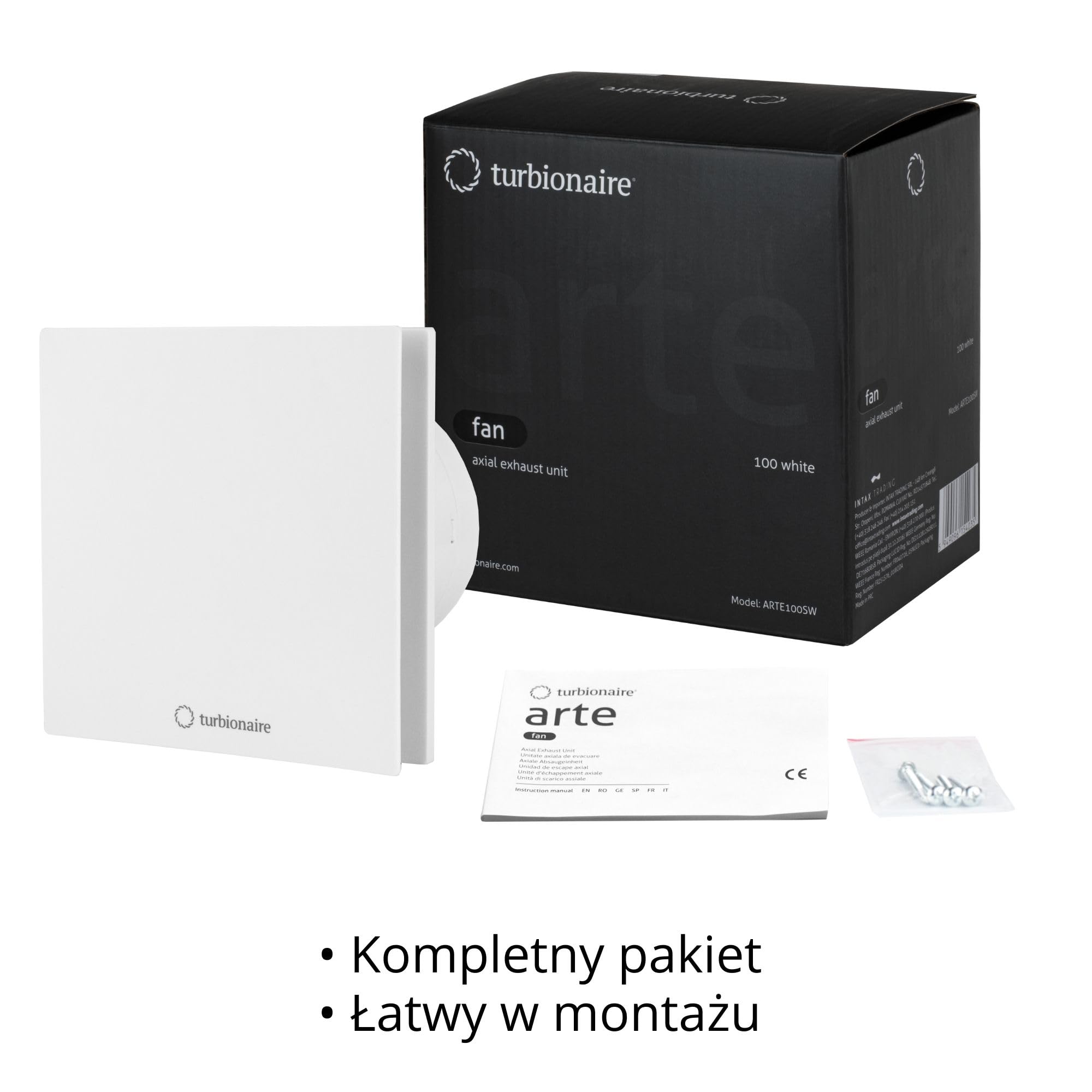 Turbionaire Arte 100 SW wentylator łazienkowy 100 mm, 80 m³/h, Biały, Minimalistyczny design, Cicha, Ochrona przed przeciągiem, Osysanie obwodowe, Ochrona IPX4