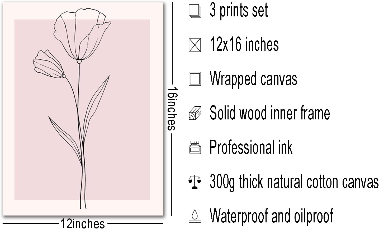 Pink Wall Art Set of 3 Framed, Blush Pink Floral Canvas Wall Decor Pictures, Minimalist Botanical Line Art Prints for Girls Bedroom Teen Room Living Room Aesthetic 12x16 Inch