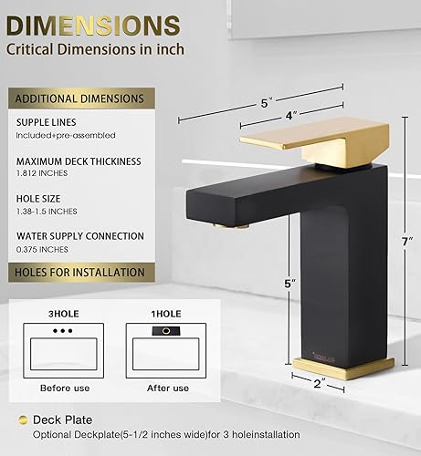 Miniatura 6 de ORLANDO - Grifo de baño negro y dorado con un solo agujero, grifo de lavabo de baño de una sola manija, grifo de tocador de latón con línea de