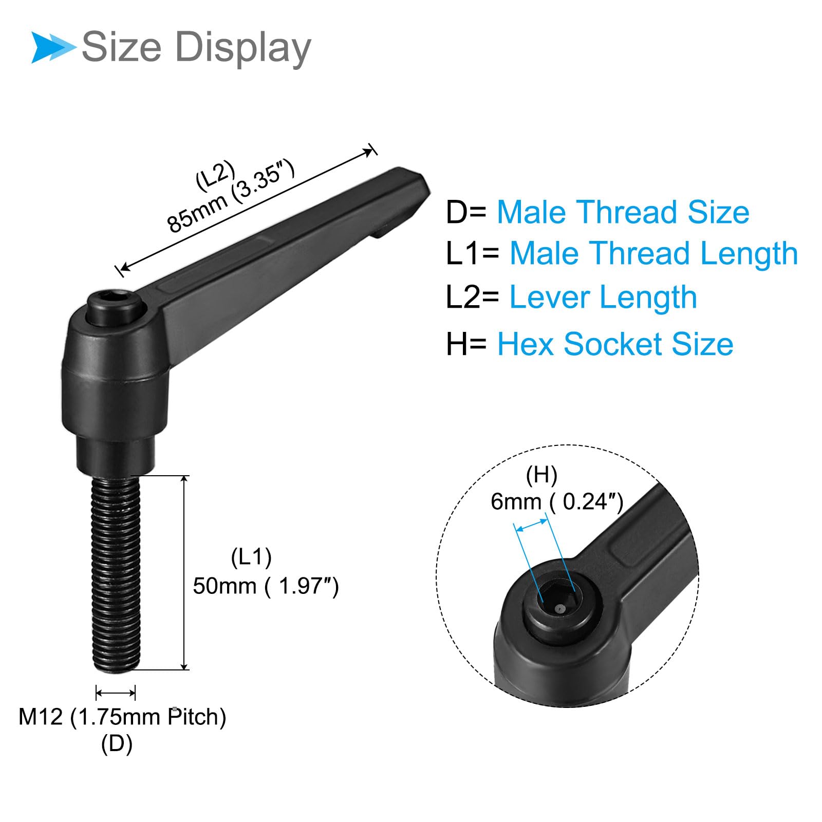 Set Da 2 Maniglie A Leva Di Serraggio M12 X 50mm - Regolabili 360° Con Rilascio Rapido, In Lega Di Zinco E Acciaio, Per Macchine E Torni