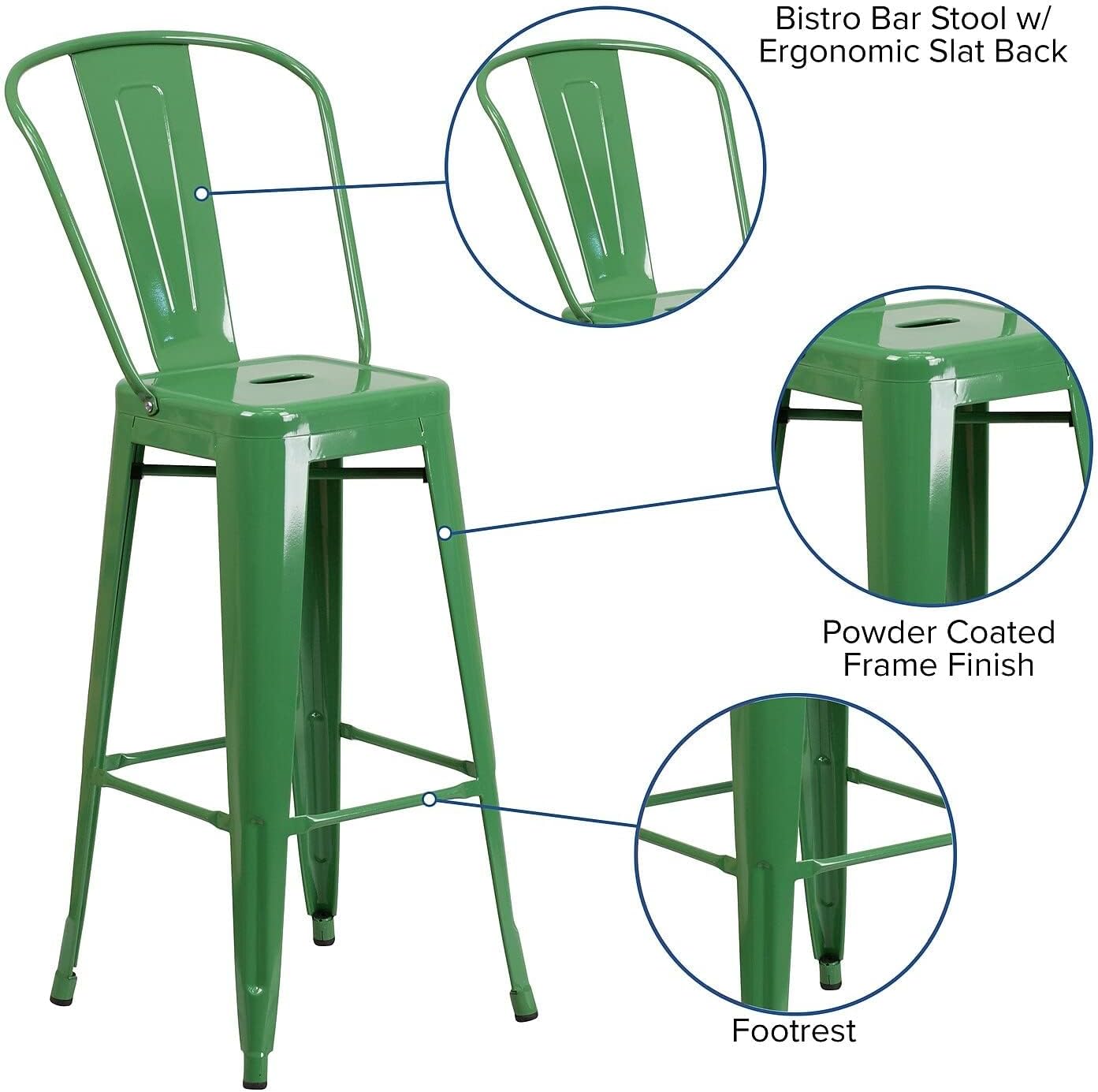 BOWERY HILL Metal 30'' Bar Stool, Green Powder Coat Finish, 45.25" H x 17.75" W x 20" D, Lightweight Bistro Style with Curved Back, Footrest, Indoor/Outdoor Use, Protective Rubber Floor Glides