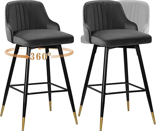 Miniatura 8 de Bekrvio Juego de 4 taburetes de bar, taburetes de bar giratorios de altura de mostrador con respaldo, taburetes de bar tapizados de terciopelo gris,