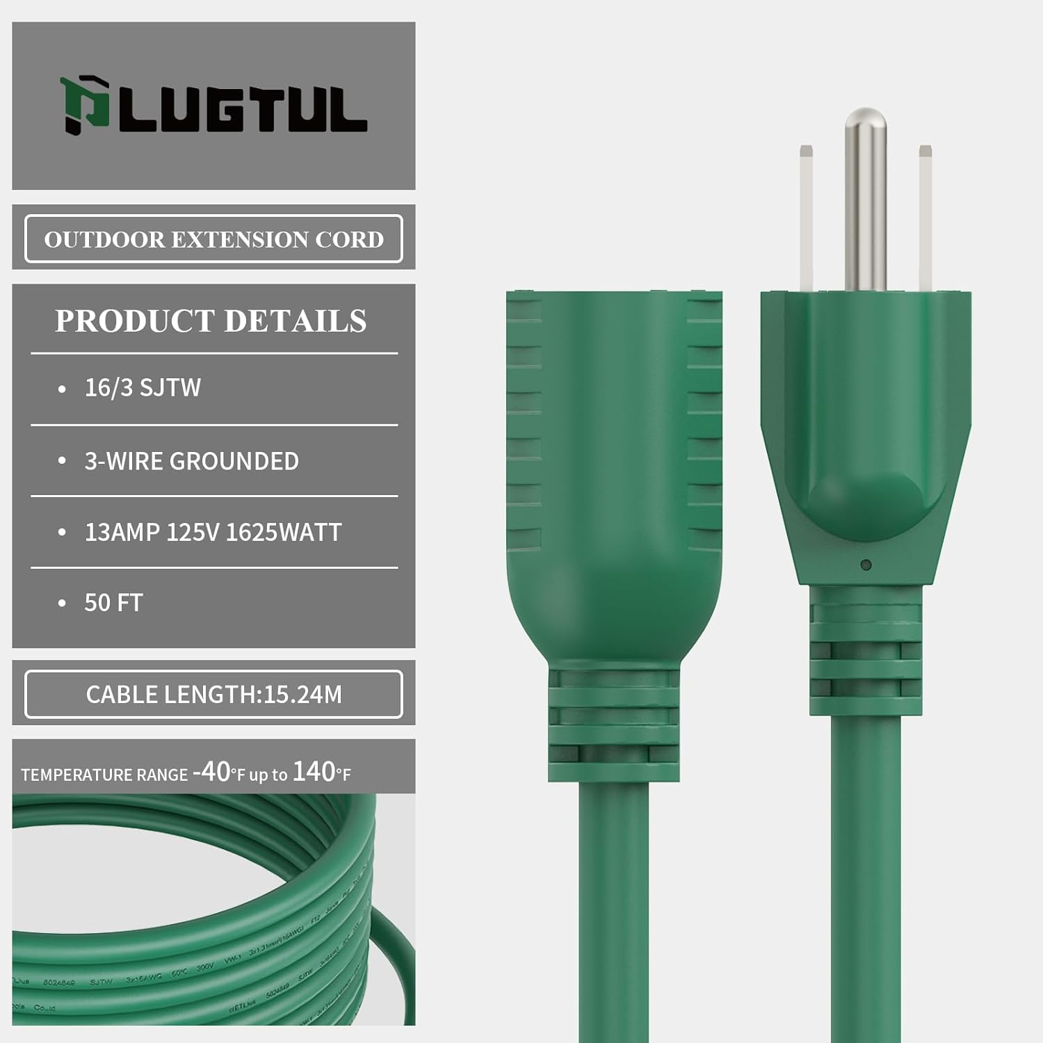 PLUGTUL 50 FT Outdoor Extension Cord Waterproof 16/3 Green Heavy Duty 3 Prong Extension Cord, 13A 1625W SJTW, ETL Listed, Great for Garden and Home
