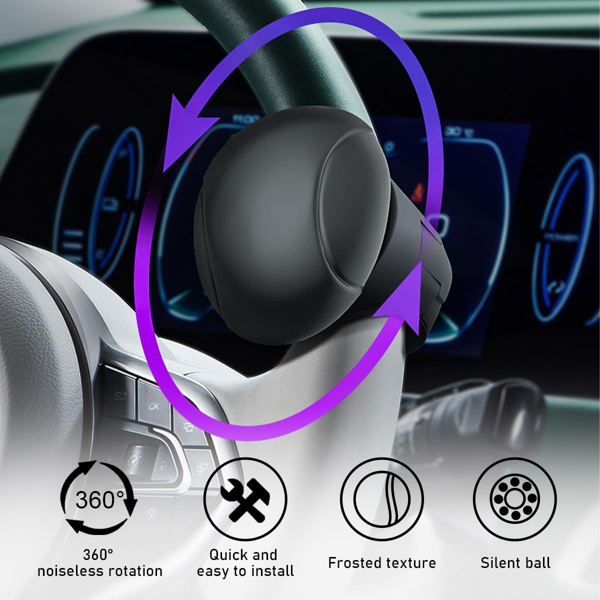 povtii Car Steering Wheel Spinner Knob, 360 Degrees Rotation Steering Wheel Spinner, Non-Slip Power Handle Steering Wheel Spinner for Cars, Tractors, Trucks, Car Accessories