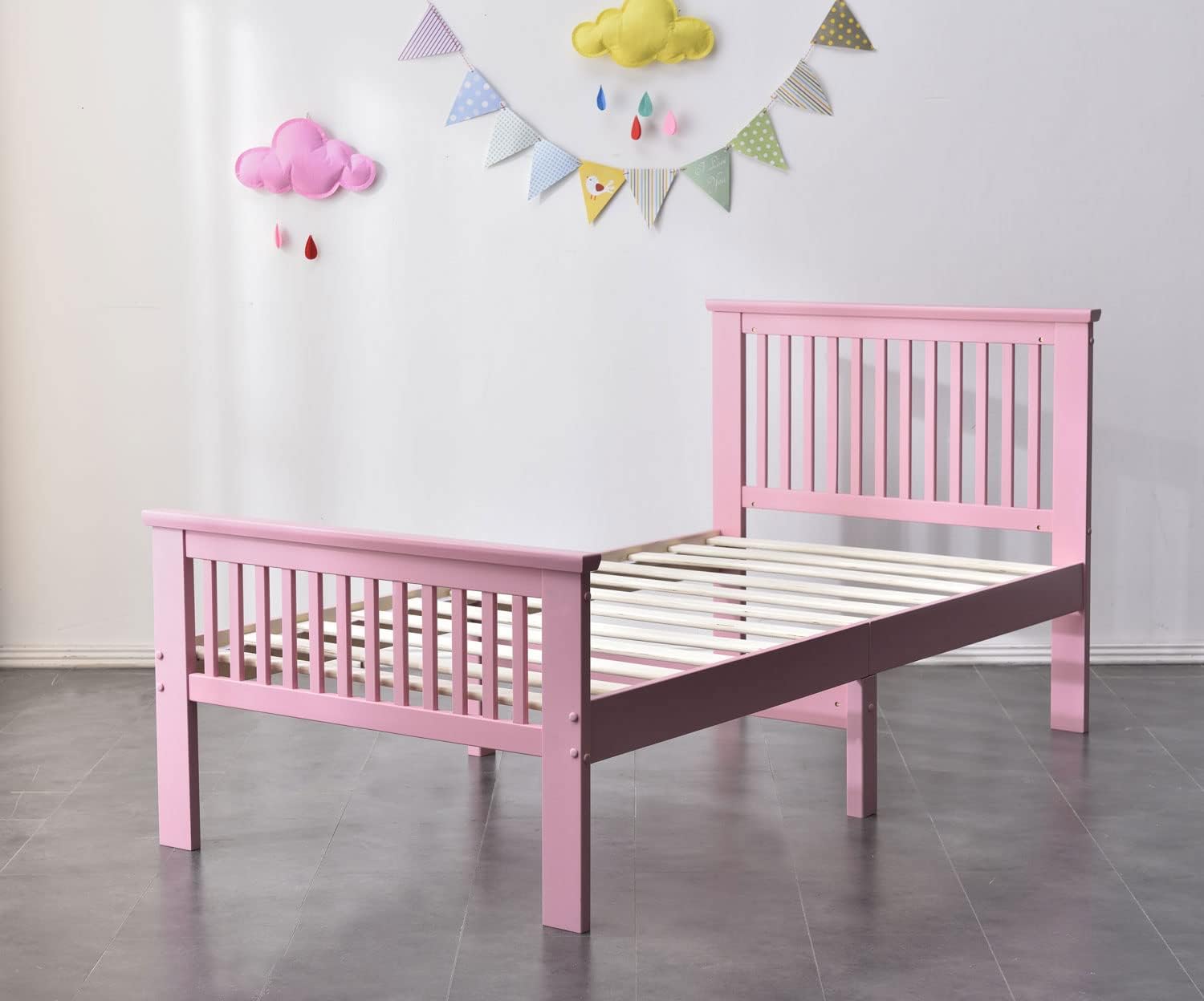 Twin Solid Wood Platform Bed with Headboard/Pine Twin Bed (Pink)