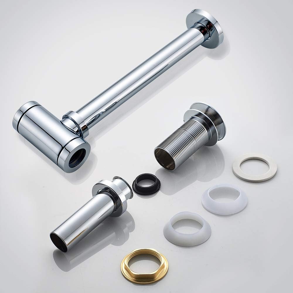 MENATT Round P-Trap Waste Pipe Kit Assembly, Bottle Trap Deodorant Type with 1 1/4" Pop-up Drain Stopper without overflow, Bathroom Sink Siphon Drainer Plumbing Tube Chrome Finished