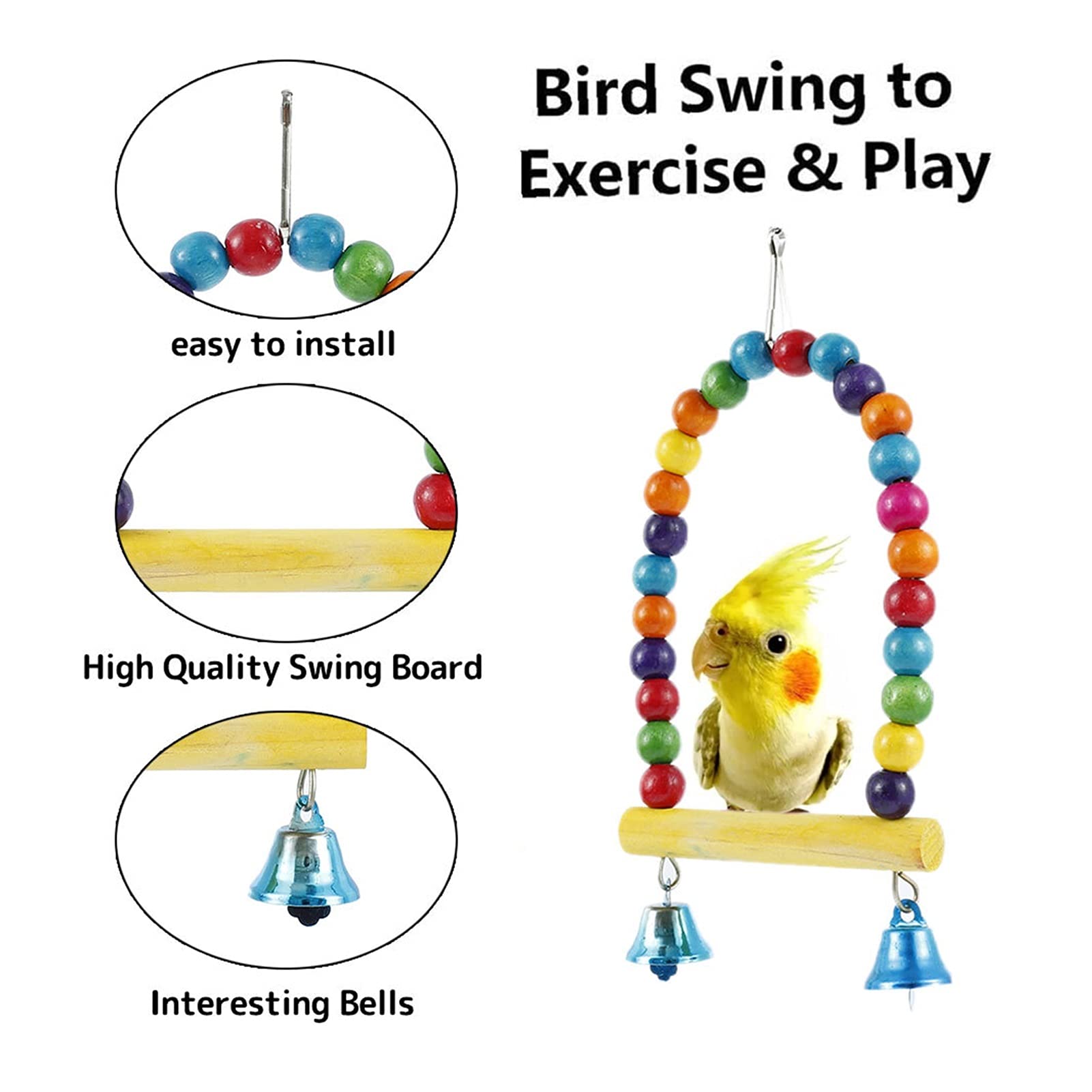 Vogelspielzeug 6 stücke Papageispielwaren Bunte Schwingkäfig Spielzeug Hölzern Hängende Vogel Swing Glocken Seilstring Kleine Schwingring Budgie Vogel Kaustätte Set