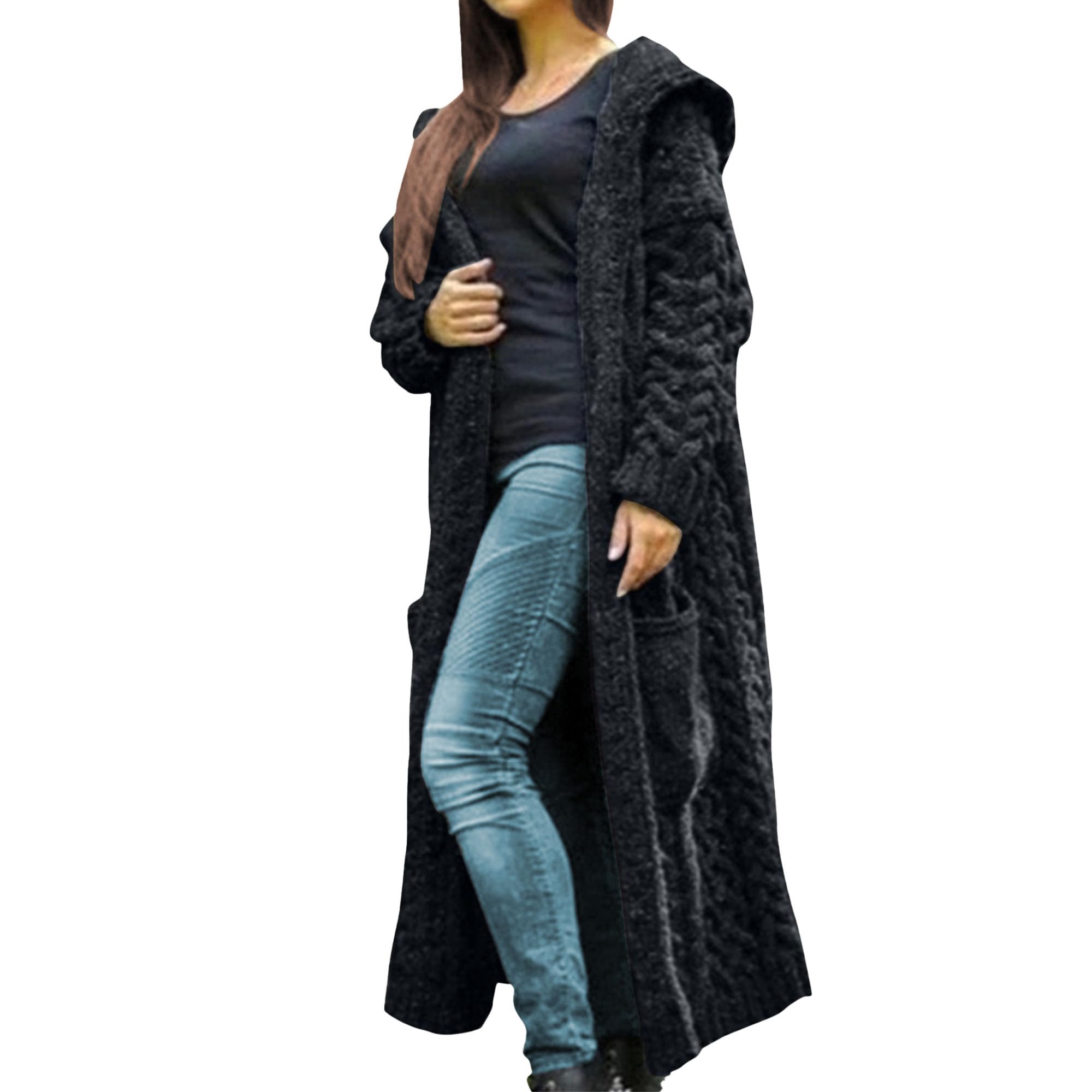 Womens Plus Size Hooded Cable Knit Cardigan Coat Casual Open Front Oversized Sweater with Pockets A-Black