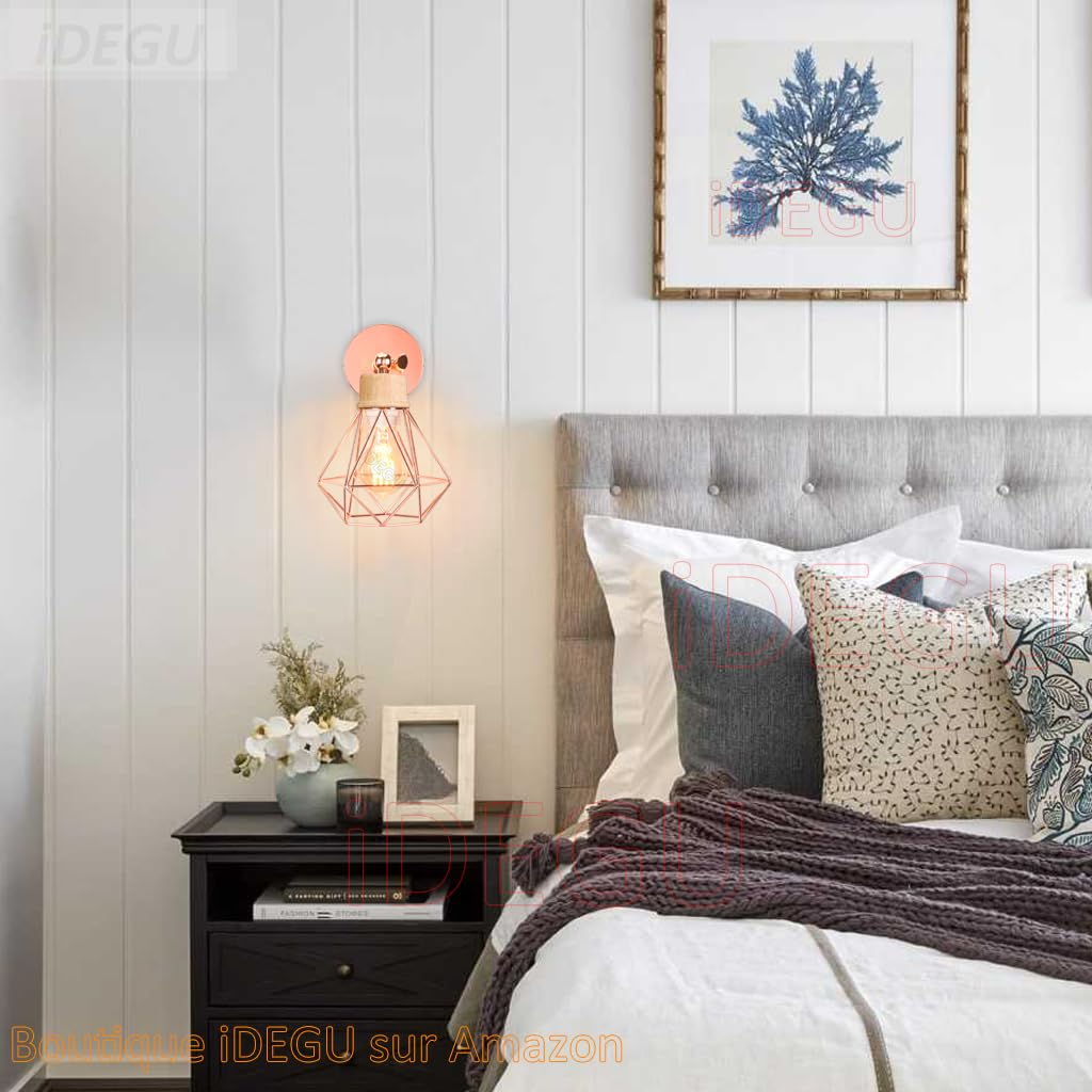 iDEGU Lot de 2 Appliques Murales Interieures Industrielle 16cm Luminaire Plafonnier en Bois et Métal Design Cage Réglable Lampe Murale Vintage E27 Éclairage Mural pour Salon Cuisine Chambre (Or Rose)