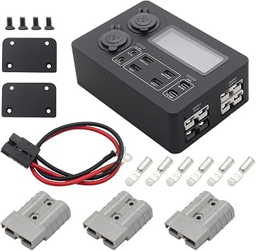12V 100W Car Power Box with LED Display and USB-C PD Ports, 6 USB Outlets, Dual 12V Sockets, DC Ports for Fast Charging Devices, Compatible with RV, SUV, Boat, Yacht, and Car, BlackWith Line