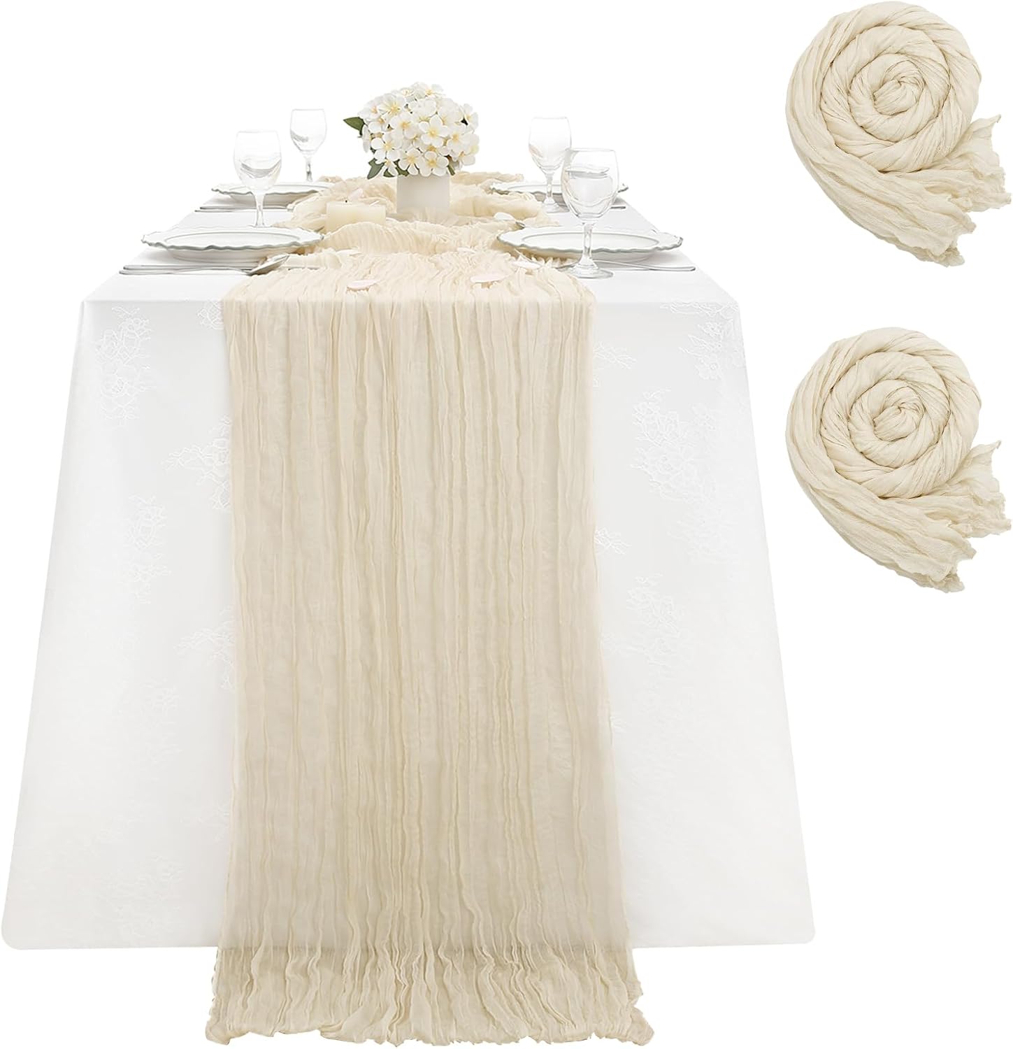 Beige Table Runner 2 Pieces Cheesecloth Table Runners 35x120 Inches