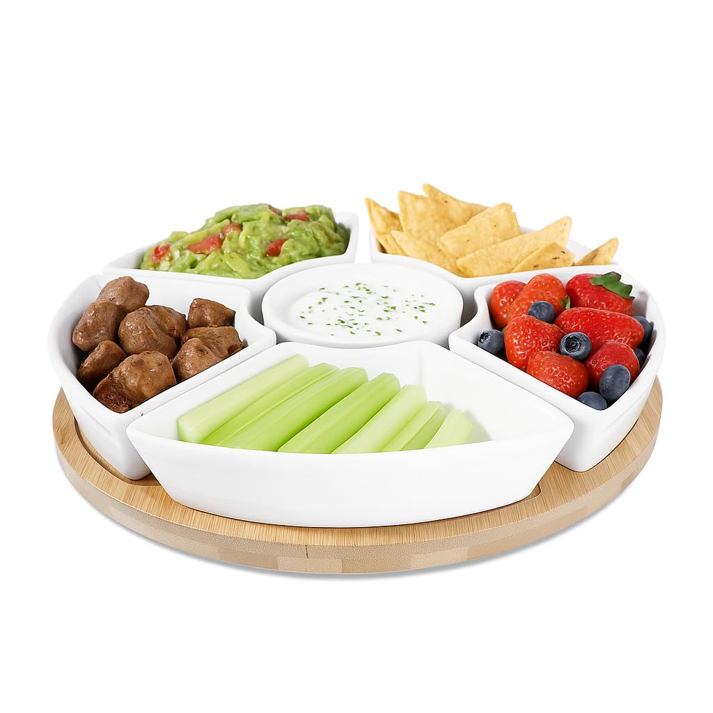 Taco Bar Ceramic Serving Platter Christmas Rotating Snack Tray with 6 Removable Bowls, Divided Serving Dish for Tacos, Chips Dips โ Elegant White Serving Tray for Parties Family Dinners Entertaining