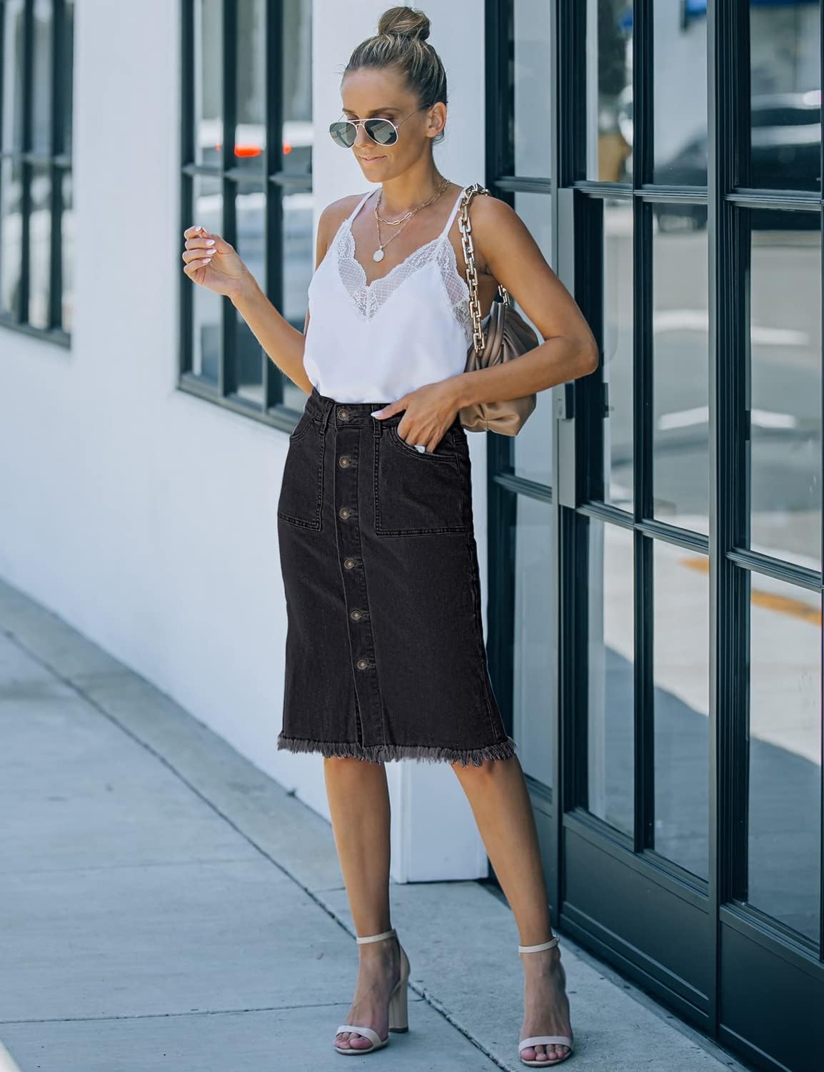 luvamia Women's Casual Mid Rise Button Down Frayed Raw Hem Denim Jean Midi Skirt - Image 5