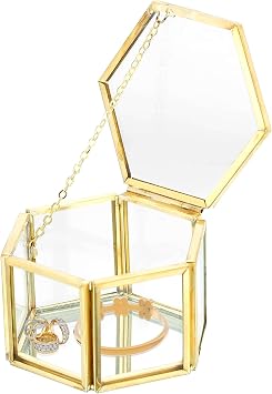 NATGAI Vintage Glass Jewelry Box with Lid, Golden Geometric Ring Display Holder Box, Wedding Ring Box for Necklace, Earrings, Home Decor Gift for Women 3.1 x 1.4 x 1.8 inch