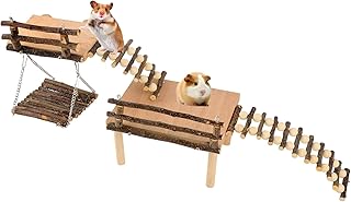 Hamster Climbing Toys DIY Natural Wooden Playing Platform with Swing Apple Wood Hamster Playground with 2 Platform, 2 Bridge Small Animal Chewing Toys for Gift