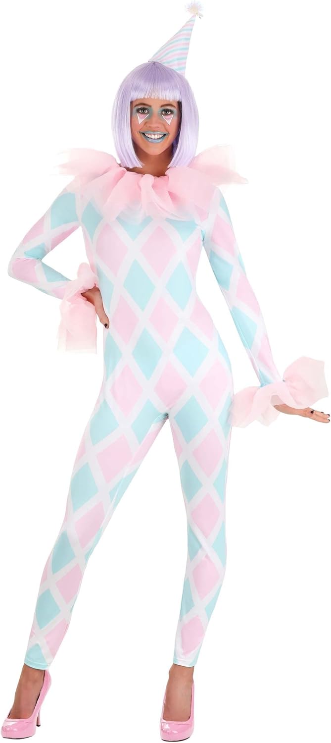 Pastel Women's Diamond Clown Costume - Stretch Jumpsuit with Chiffon Cuffs & Striped Hat, Tinsel Pom