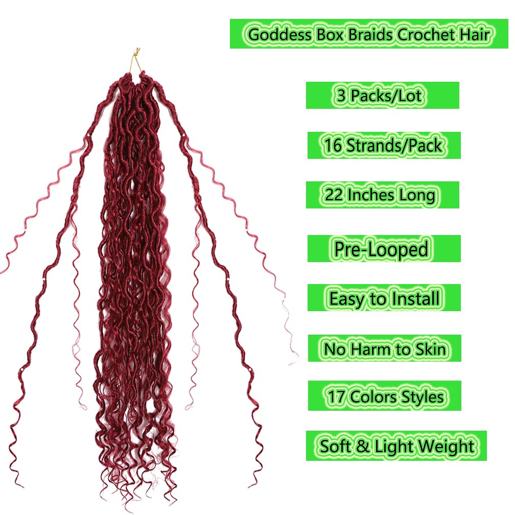 Goddess Locs Crochet Hair Burgundy 22 Inch 3 Packs Bohemian Faux Locs Crochet Hair With Curly Ends Pre Looped Hair Extensions 16 Roots/Pack(Bug)