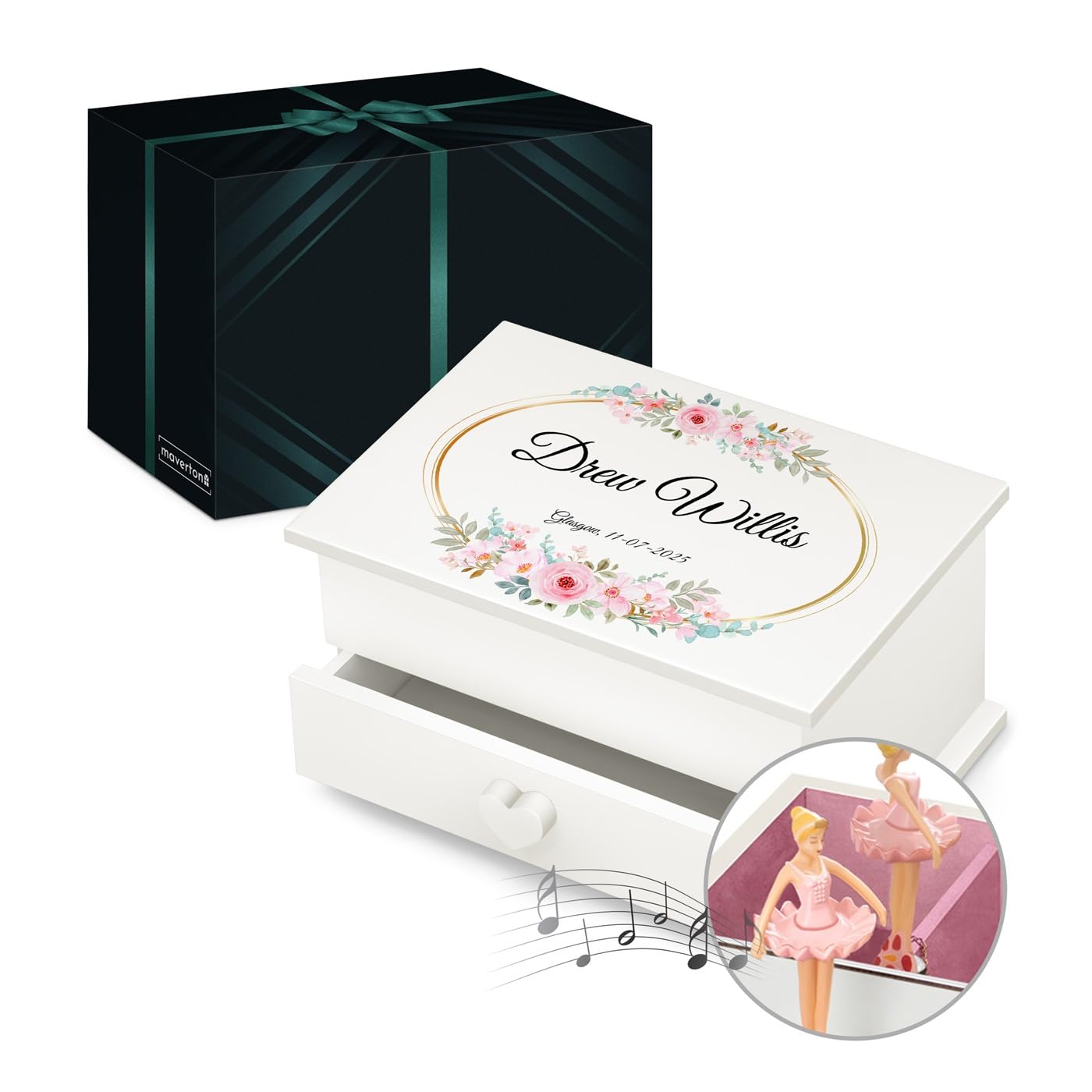 Maverton Personalised Music Ballerina Jewellery Box for Woman - White Organiser with Drawer - Garden