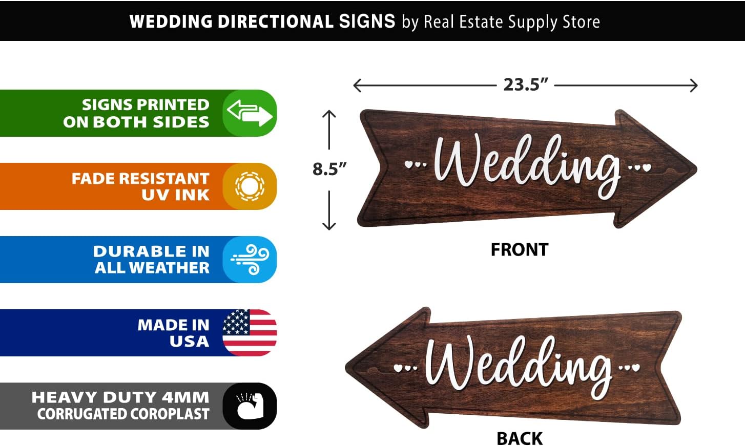 Wedding Directional Arrow Yard Sign 23.5 x 8.5, Waterproof, Wood Printed Design on Durable Coroplast with Tall Heavy Duty Yard Stakes (3 Pack)