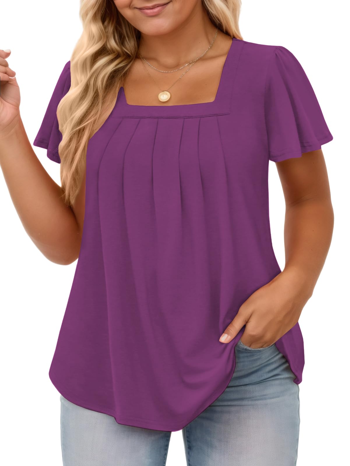 VISLILY Womens-Plus-Size-Summer-Tops Casual Ruffle Sleeve T Shirts Trendy Square Neck Tunics Loose Comfy Pleated Tees