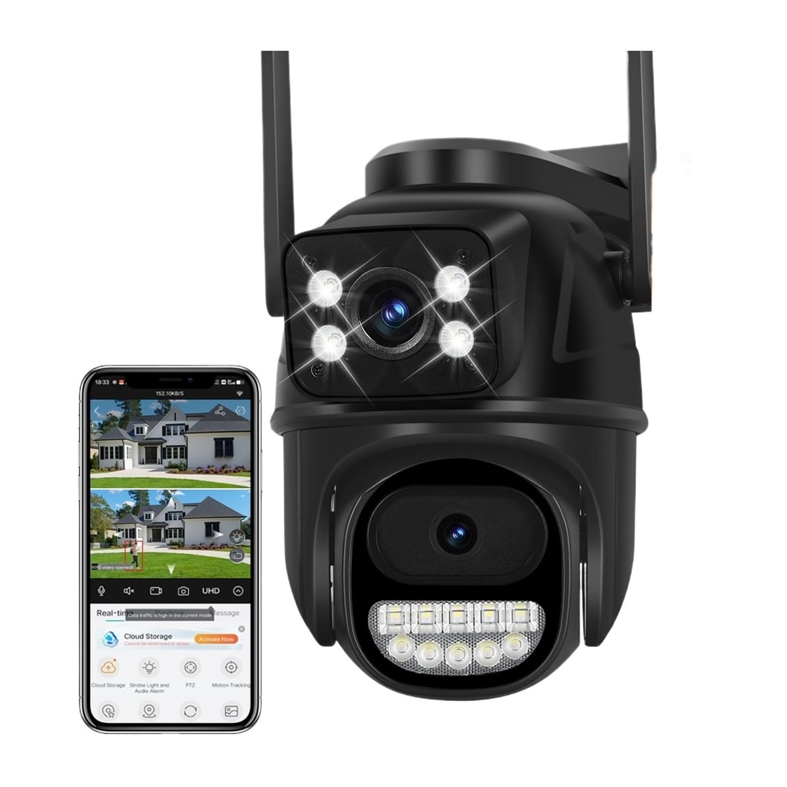 Kamery Monitorujące, Kamera Wi-Fi z podwójnym obiektywem, AI, automatyczne śledzenie, wodoodporna, kamera do monitoringu CCTV, kamera IP z alarmem i oświetleniem policyjnym(ADD 128G)