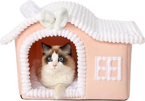 Jiupety Casas de Conejo y Gato para Gatos de Interior, Cueva de Cama para Gatos Linda con Chimenea, Suficiente Espacio Interior, Casa Suave para