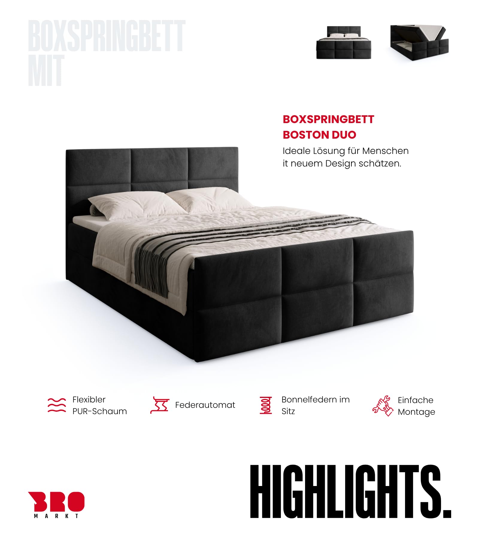 BROMARKT Boxspringbett mit Matratze 180x200 Bett mit Bettkasten Schwarz