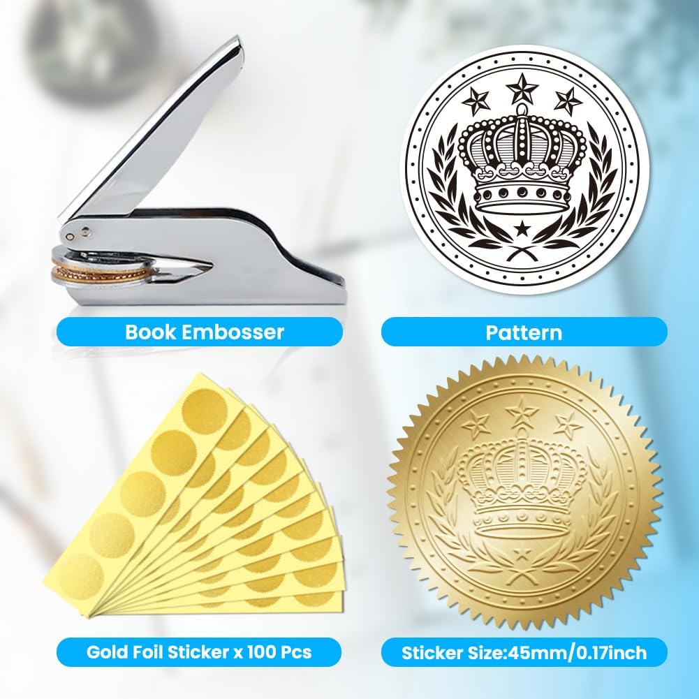 ANATTASOUL Book Embosser Personalized Crown Pattern Book Stamp, Durable Library Stamp with Handle Set for Books, Library, Envelopes, Documents, Invitation（100Pcs Stickers